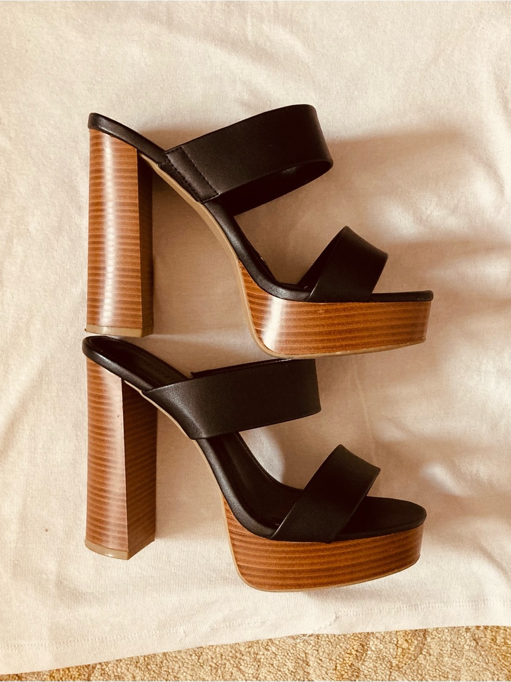 Forever 21 Black Platform Double-Strap Mules with Wood-Look Heel